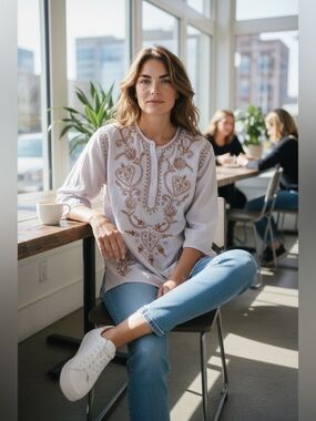 Matta Cream Tunic Boho Top with Brown Embroidery‎ Size Small